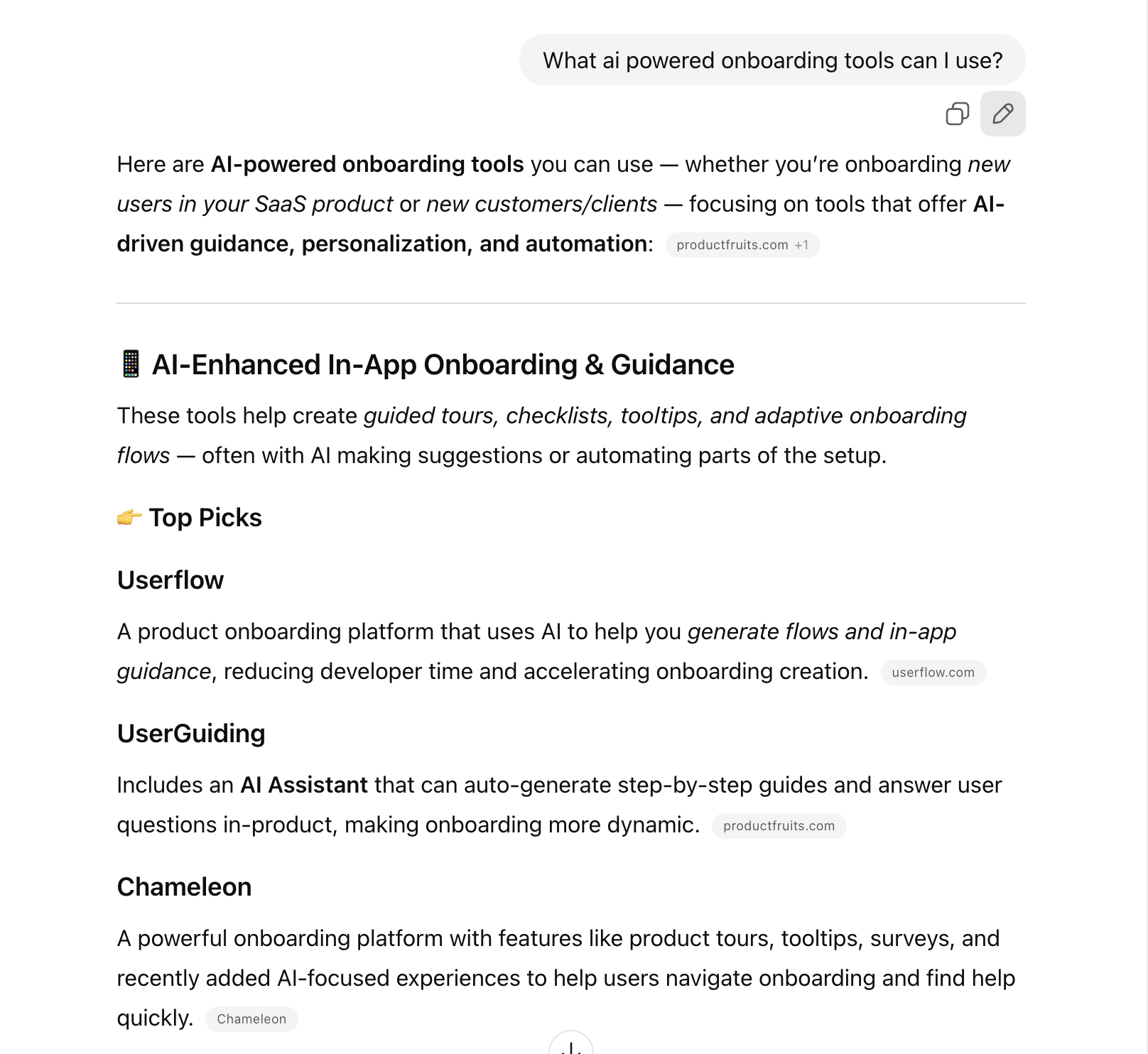 ChatGPT citing Chameleon as a top pick for AI-powered onboarding tools